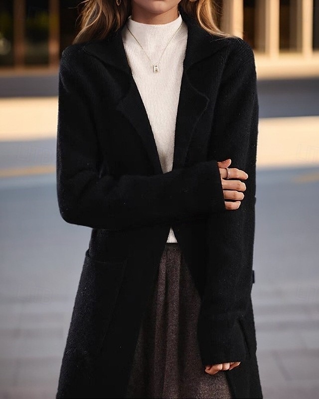 Women's Sweater Cardigan Sweater Jacket Shirt Collar Knit Pocket Knitted Spring Fall Home Daily Weekend Elegant Daily Casual Long Sleeve Pure Color Black Camel 2025 - $56.99 –P10