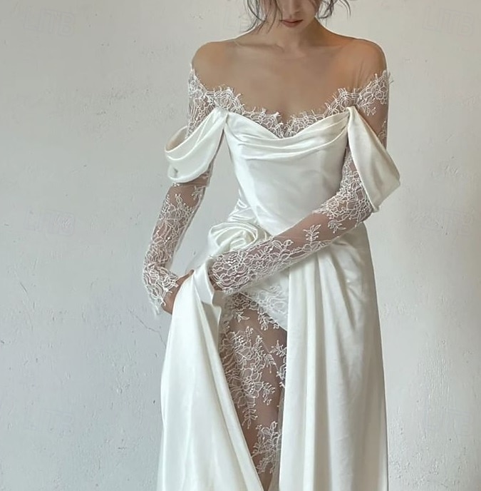Wedding Dresses A-Line Illusion Neck Long Sleeve Floor Length Satin Bridal Gowns With Flower 2025 2025 - $148.99 –P2