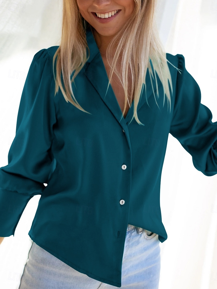 Damen Hemd Bluse Feste Farbe Basic Brautkleider schlicht Langarm Hemdkragen Normale Oberteile Täglich Knopf Schwarz Blau Beige Herbst Winter 2025 - $34.99 –P1