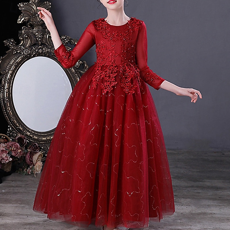 Blumenmädchenkleid Kinder Mädchen Prinzessinenkleid Leistung Hochzeit Party Elegant Schön Gitter Feste Farbe Langarm Rundhalsausschnitt Weinrot Weiß 4 Jahre + 2025 - $43.99 –P10
