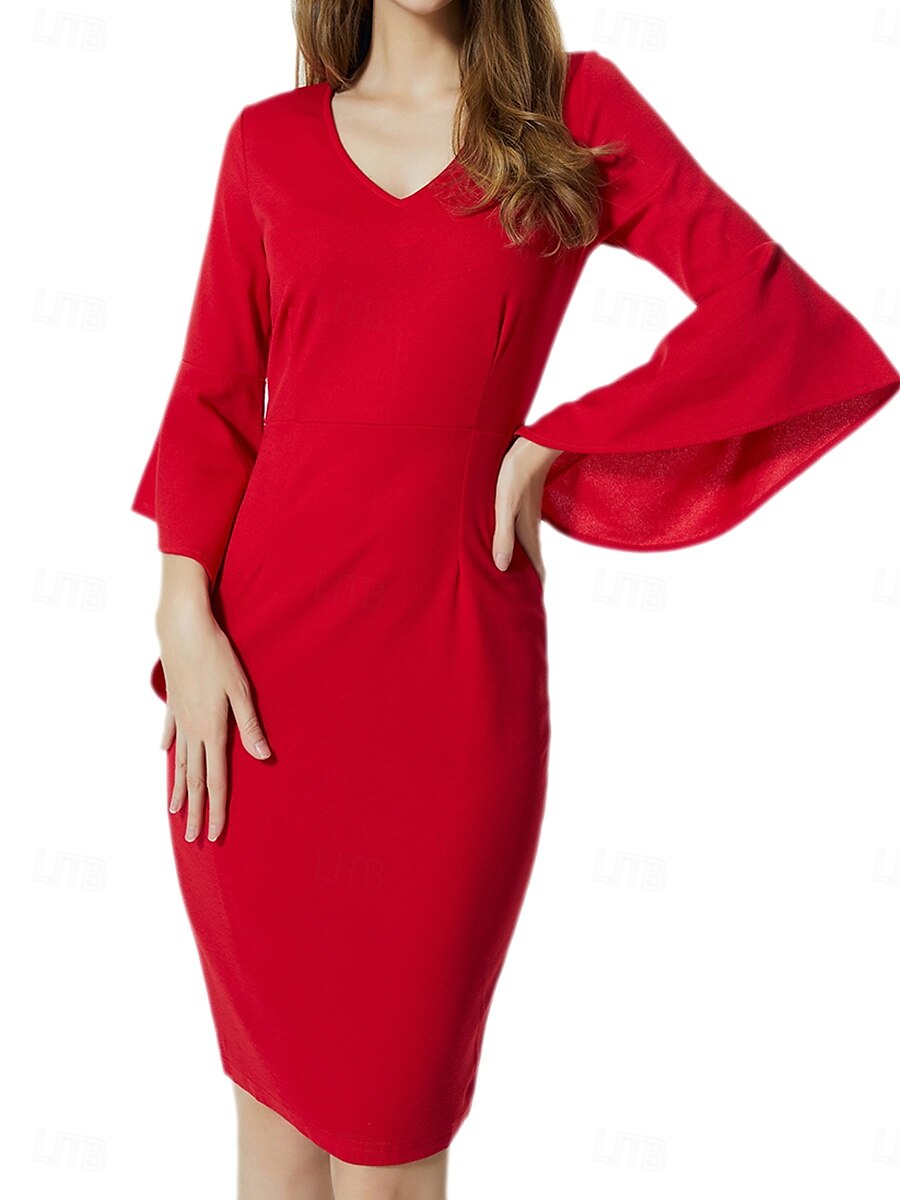 Naisten Työpuku Väljä mekko Tyylikäs Toimisto Päivittäin Midimekko Röyhelö Tilkkutäkki V kaula-aukko 3/4 hiha Tavallinen Ohut Musta Rubiini Sininen Kevät Syksy S M L XL 2XL 2025 - $31.99 -P1