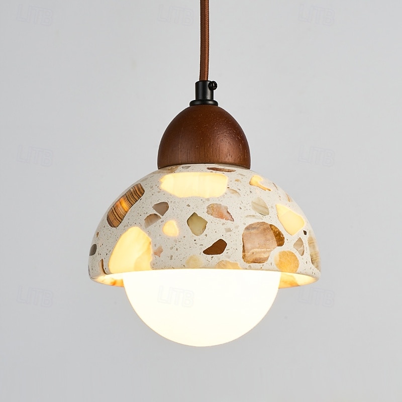 wabi-sabi terrazzo pendellampe rund halvkule sement massivt tre 1-lys pendel 85-265v 2025 - $109.99 –P8