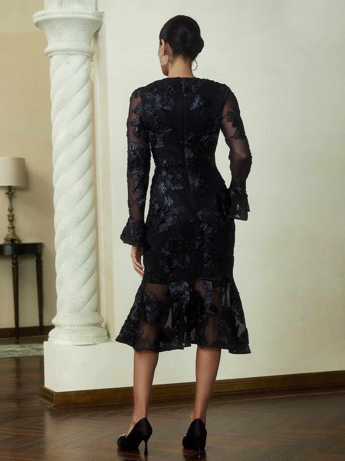 besticktes Cocktail-Party-Midikleid mit langen Ärmeln 2025 - $93.99 –P3