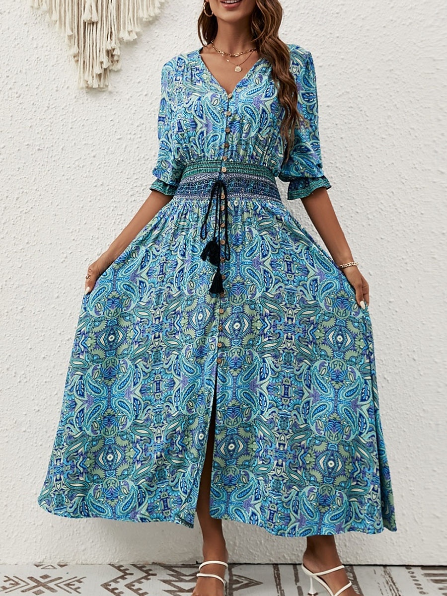 Femme Robe Maxi Robe casual Robe Évasée Robe Trapèze robe boheme Décontractées du quotidien Standard Floral Cachemire Demi Manches Col V Bleu Marron Eté Printemps Automne de 2025 ? $41.99 –P12