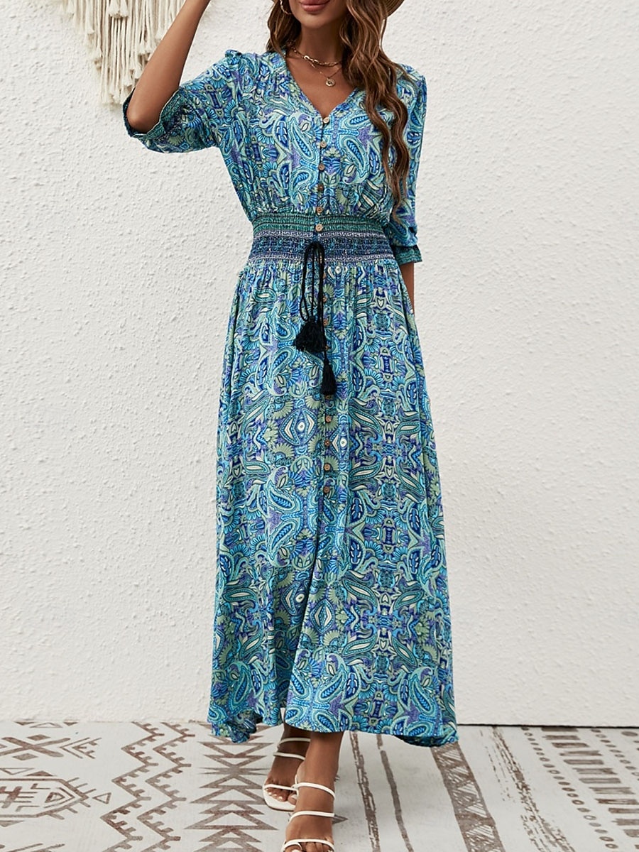 Femme Robe Maxi Robe casual Robe Évasée Robe Trapèze robe boheme Décontractées du quotidien Standard Floral Cachemire Demi Manches Col V Bleu Marron Eté Printemps Automne de 2025 ? $41.99 –P9