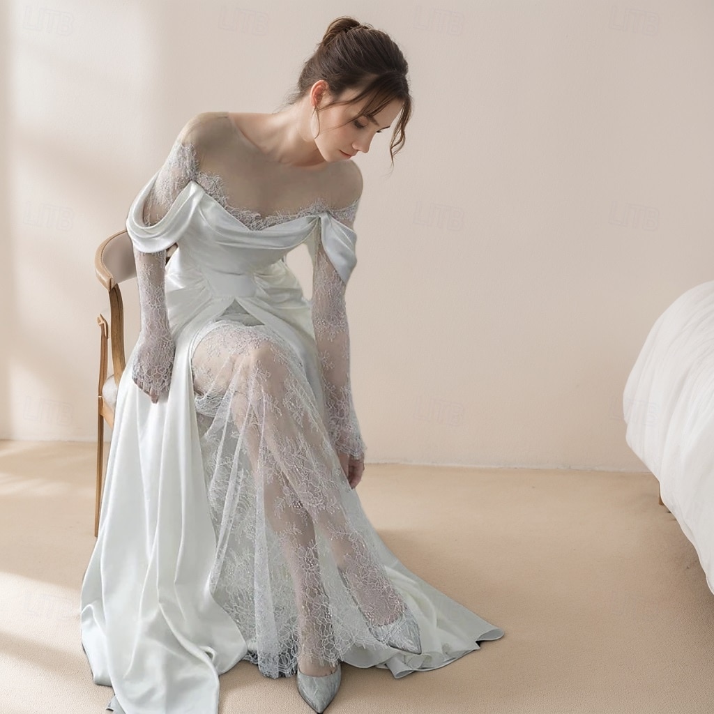 Wedding Dresses A-Line Illusion Neck Long Sleeve Floor Length Satin Bridal Gowns With Flower 2025 2025 - $148.99 –P5
