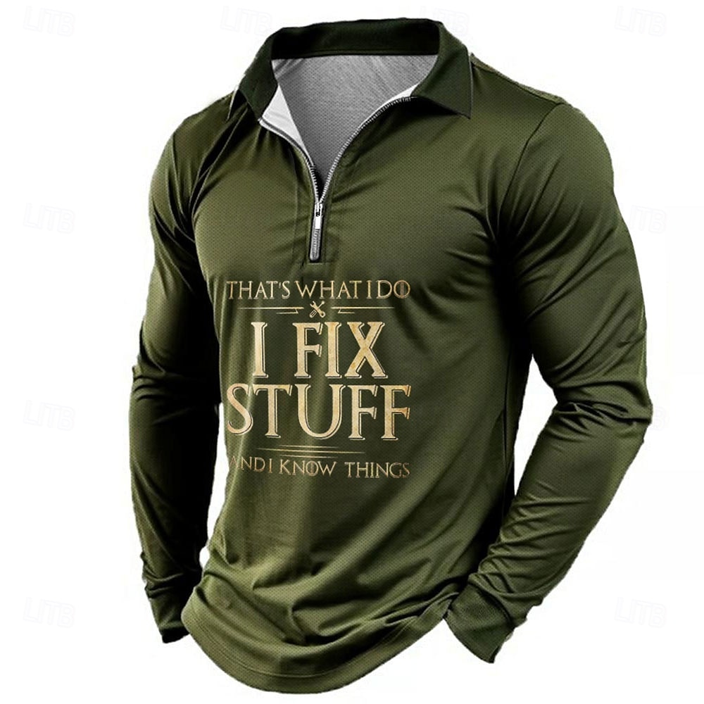 2026年 男性用長袖グラフィック T シャツ '私は物を修理し、物事を知っている' クォータージップカラー付き  コレクション – $23.99 –P5
