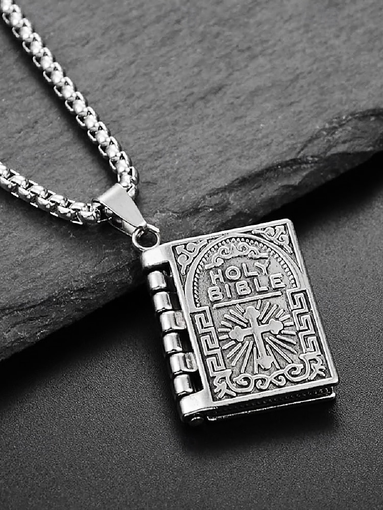 męski naszyjnik z wisiorkiem biblijnym - srebrna biżuteria religijna z detalami w kształcie krzyża, chrześcijański dodatek do noszenia na co dzień i na specjalne okazje 2025 - $9.99 –P3