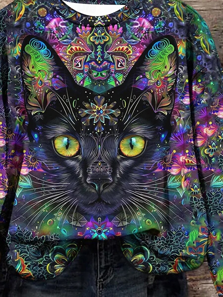 pull femme décontracté chat vêtements de tous les jours décontracté col rond imprimé manches longues violet automne hiver de 2025 ? $24.99 –P3