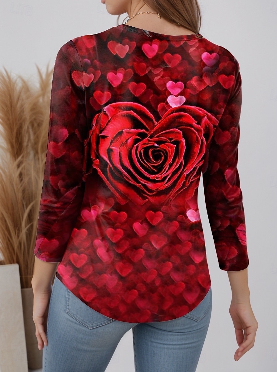 Valentine Women's Heart T Shirt Heart Rose Tee Regular Tops Long Sleeve V Neck Cut Out Print Regular Fit Daily Red Spring Fall 2025 - $23.99 –P2