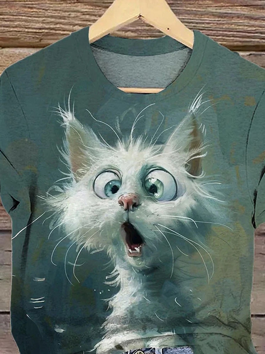 Dame T skjorte Katt Fritid Kortermet Rund hals Vanlige topper Daglig Trykt mønster Grønn Sommer 2025 - $19.99 –P3