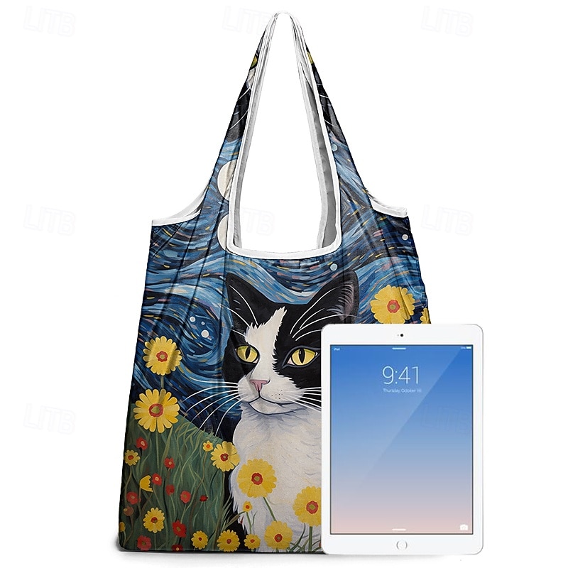konstnärlig kattväska för kvinnor med blommig och stjärnklar nattdesign - miljövänlig återanvändbar shoppingväska för kattälskare 2025 - $14.99 –P6