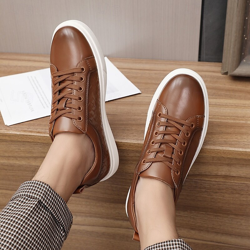 sneakers da uomo in similpelle intrecciata marrone - design casual con lacci e comoda suola bianca per l'uso quotidiano del 2025 a $46.99 –P3