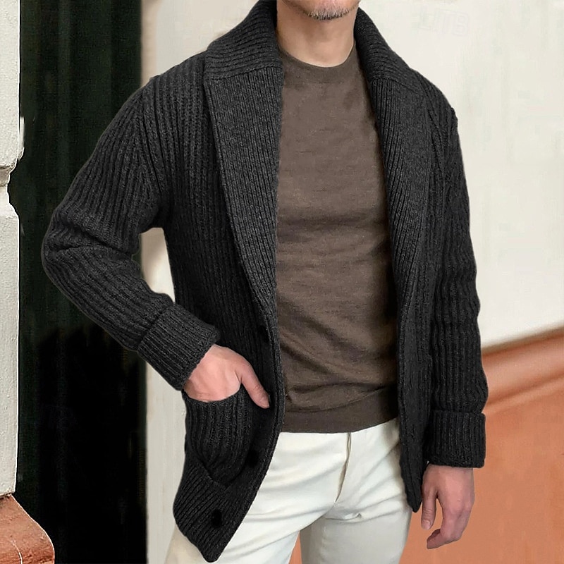 Herren Strickjacke Kurzer Pullover Gerippt Stricken Standard Tasche Glatt Schalrevers Modisch Klassisch Urlaub Freizeitskleidung Bekleidung Herbst Winter Schwarz Kaki M L XL 2025 - $38.99 –P1