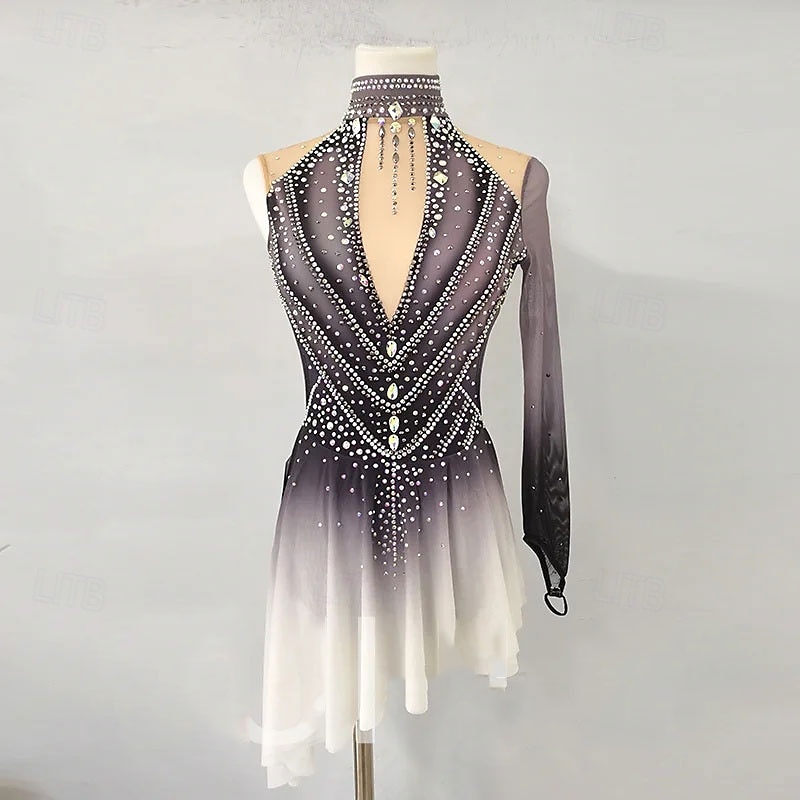 Figure Skating Dress Women's Girls' Ice Skating Dress Gray High Elasticity Training Competition Skating Wear Classic Crystal / Rhinestone Long Sleeve Ice Skating Figure Skating 2025 - $181.99 –P1