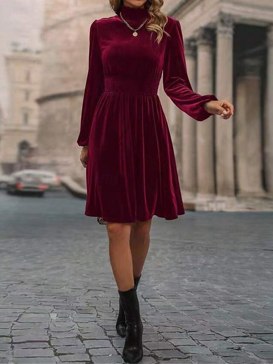 Women's Mini Dress Christmas Dress Velvet Dress Cocktail Dress A Line Dress  Casual Evening Party Party Street Regular Fit Plain Long Sleeve Turtleneck  Black Wine Green Fall Winter 2026 - $34.99
