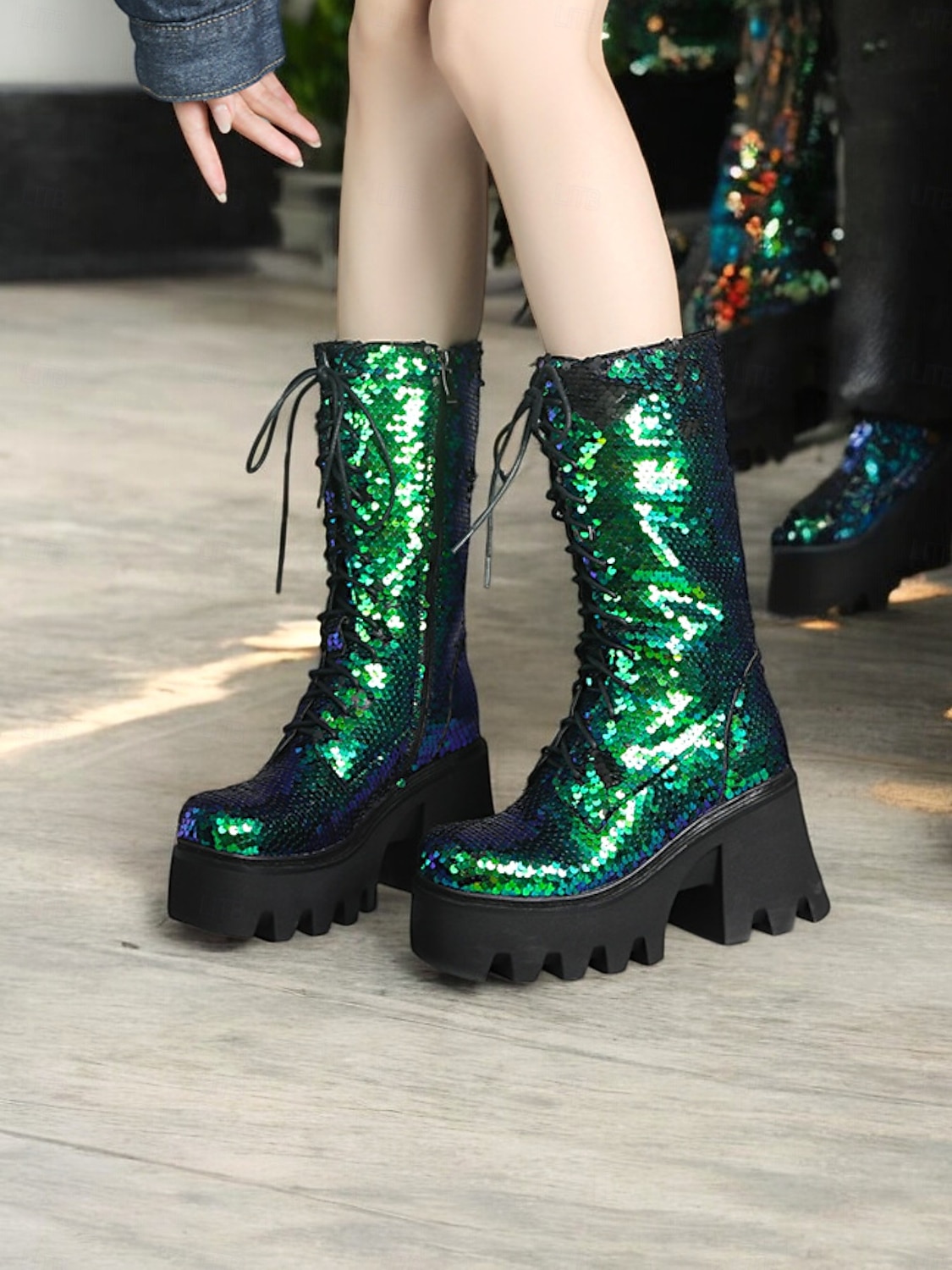 Botas de plataforma con cordones y lentejuelas para mujer: botas de tacón grueso brillantes en verde y azul para fiestas, festivales y cosplay 2025 - $84.99 –P5