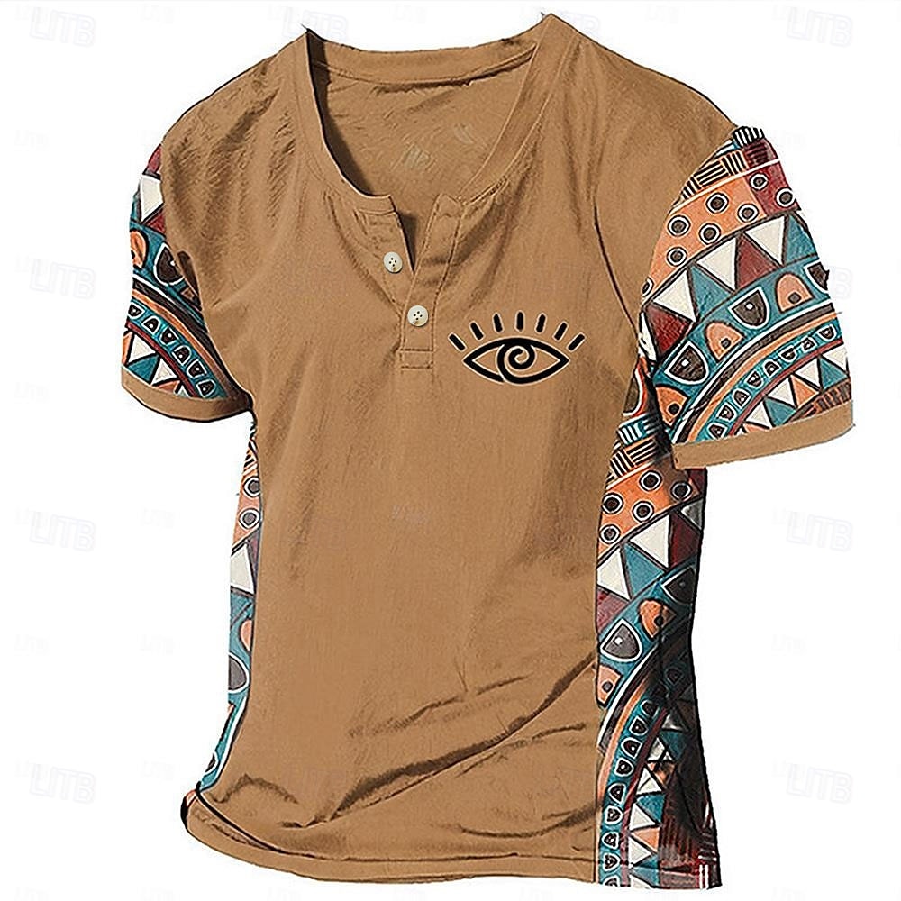 Herr Grafisk Färgblock Stam T-shirt Henleytröja Kortärmad 3d-utskrivning Designer Etnisk Klassisk Utomhus Semester Dagligen Vår & sommar Mörkbrun Blå Himmelsblå Brun Grön V-hals Henley T-shirt 2025 - $17.99 –P7