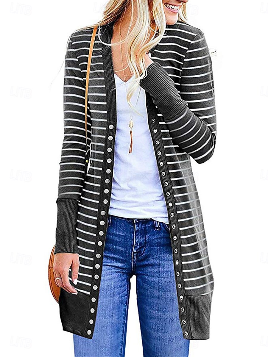 Women's Casual Jacket Outdoor Street Daily Wear Fall Winter Long Coat Regular Fit Thermal Warm Breathable Stylish Casual Jacket Long Sleeve Striped Print Dark Grey Army Green Blue 2025 - $39.99 –P8