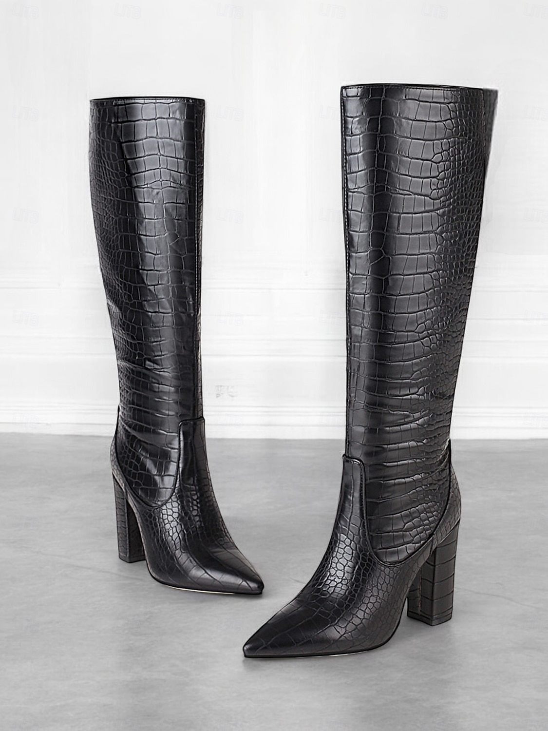 burgunderfarbene kniehohe Stiefel mit Krokoprägung für Damen – stylische Stiefel mit spitzer Spitze und Blockabsatz für die Herbst- und Wintermode 2025 - $54.99 –P6