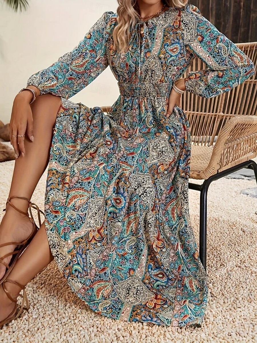 Per donna Vestito maxi Abito casual Vestito svasato Abito linea A Abito boho Boemia Vintage Etnico Giornaliero Standard Motivo cashemire Manica lunga Girocollo Blu Estate Primavera Autunno del 2026 a $32.99 –P1