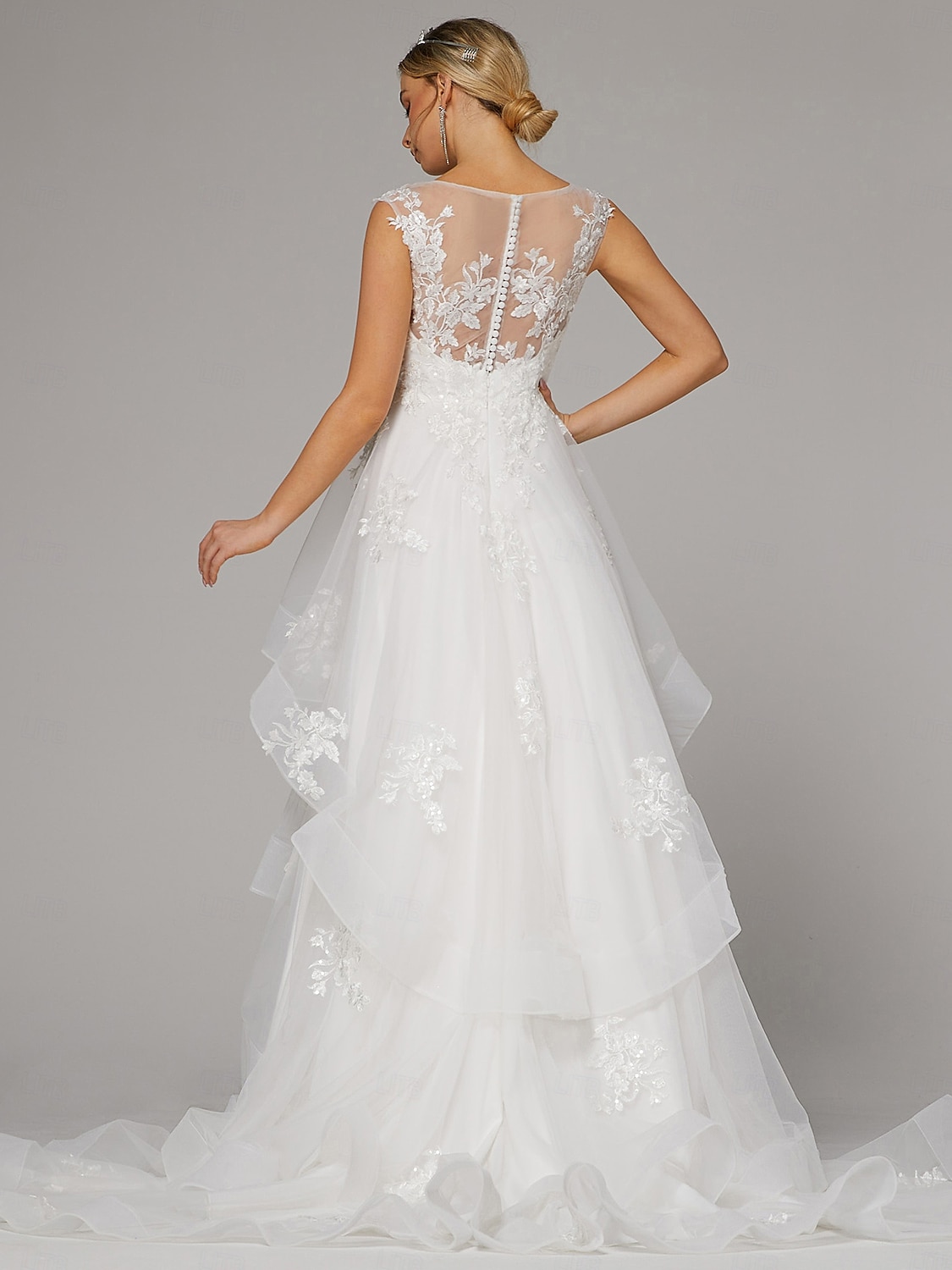 Vestidos de Casamento Casamento na Praia A-Line Gola Ilusão Sem Mangas Comprimento do Chão Cauda de Corte Vestidos de Noiva de Renda com Aplicações de Bordado de 2025 por $258.99 –P2
