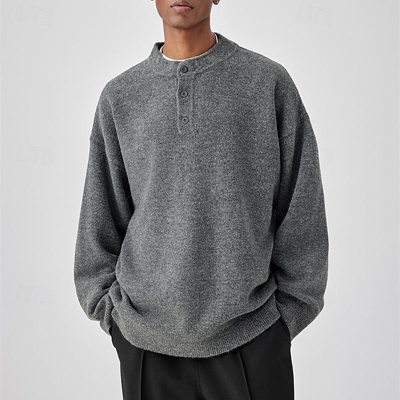 Men's Pullover Sweater Jumper Knit Sweater Pullover Polo Sweater Ribbed Knit Regular Knitted Plain Henley Fashion Basic Vacation Daily Wear Clothing Apparel Fall & Winter Black Light Grey M L XL 2025 - $23.99 –P2