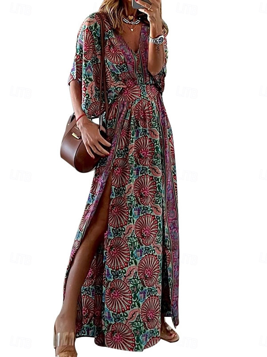 Femme Robe Maxi Robe casual Robe Évasée Robe Trapèze robe boheme Décontractées du quotidien Standard Floral Demi Manches Col V Fuchsia Eté Printemps Automne de 2025 ? $33.99 –P4