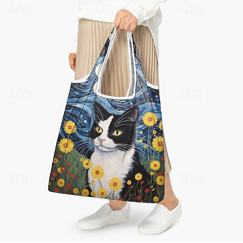 konstnärlig kattväska för kvinnor med blommig och stjärnklar nattdesign - miljövänlig återanvändbar shoppingväska för kattälskare 2025 - $14.99 –P2