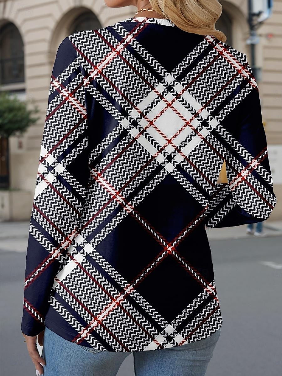 Dame T skjorte Ruter Fritid Langermet Crew-hals Vanlige topper Daglig Knapper Trykt mønster Asymmetrisk Navyblå Vår & Vinter 2025 - $24.99 –P2