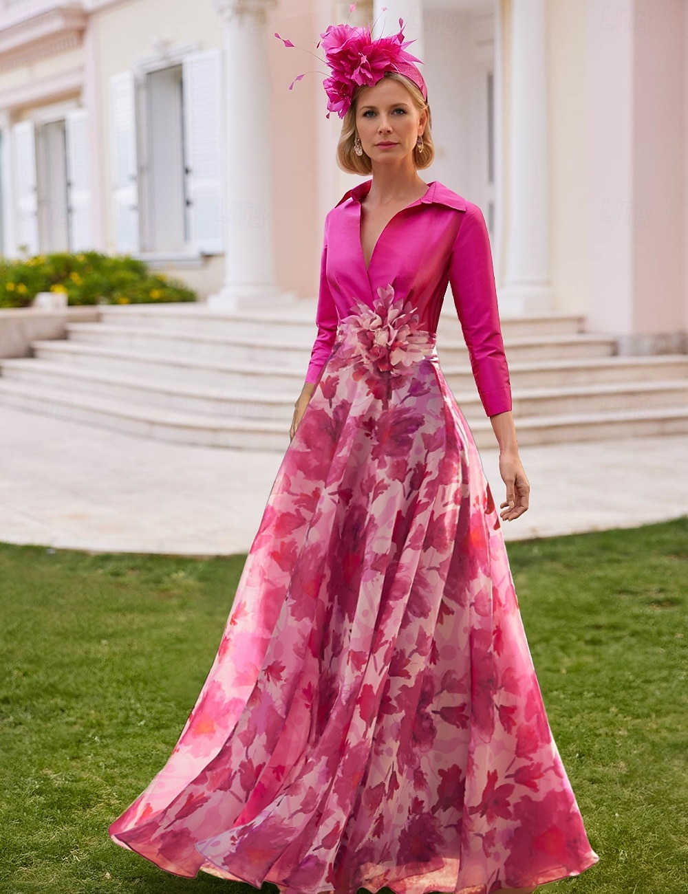 A-Linien-Mutter der Braut Kleid Smoking Kleid Strandhochzeit Elegant Hemdkragen Bodenlänglich Chiffon 3/4 Länge Ärmel mit Blumen Derby Kleid Renntag Kleid Hochzeitsgastkleid 2025 2025 - $170.99 –P1