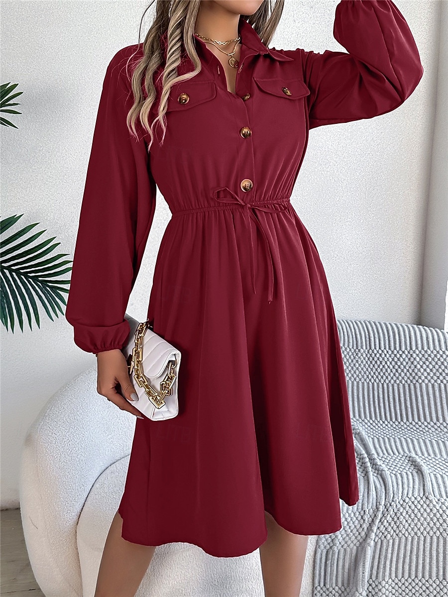 Damen Casual kleid Midikleid Knopf Brautkleider schlicht Hemdkragen Langarm Wein Blau Khaki Farbe 2025 - $31.99 –P7