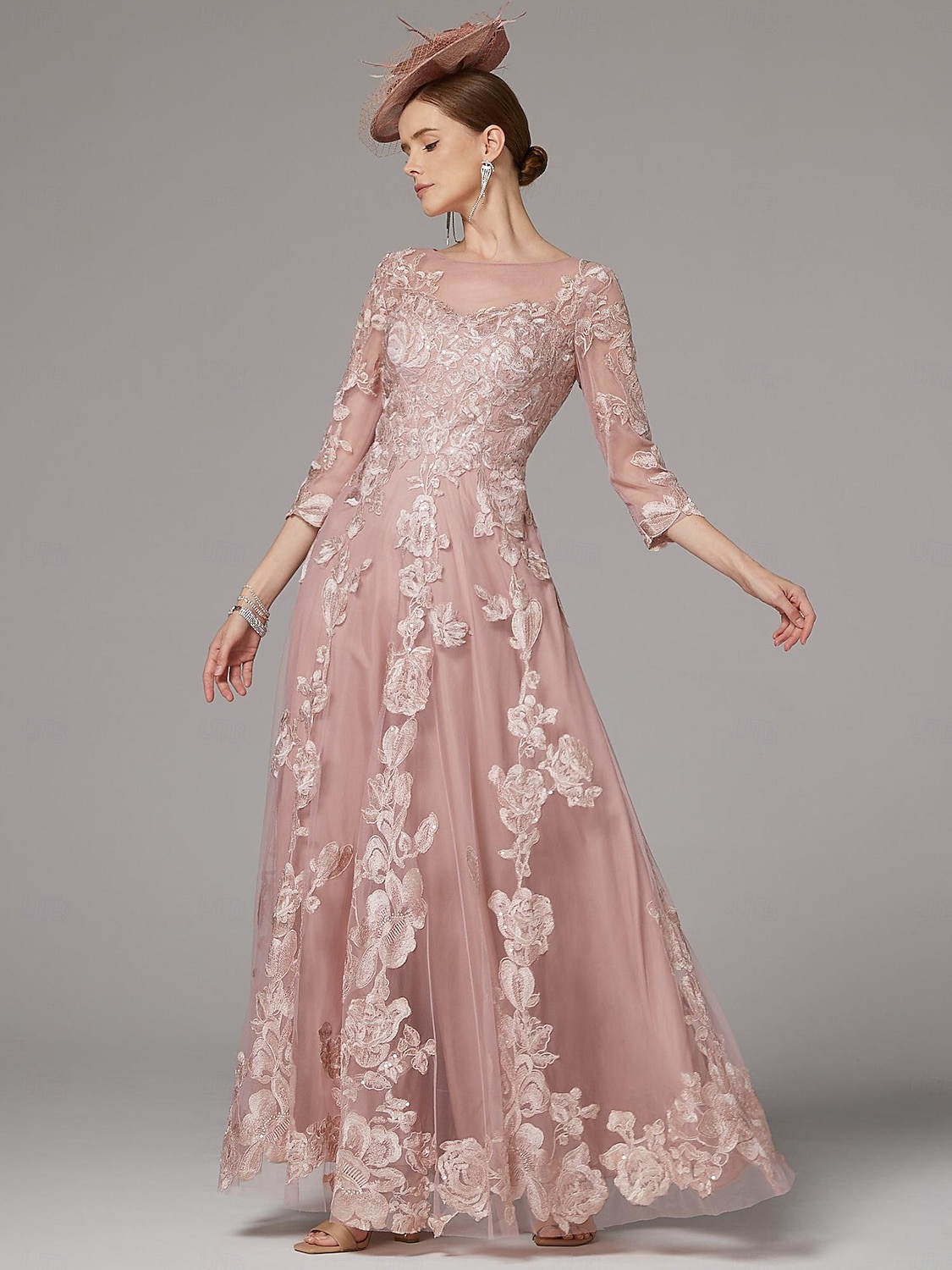 Linea ad A Abito Lunghezza al pavimento Abito da invitata a nozze Abito Formale Abito da sera Abito da cerimonia per signora Manica 3/4 Collo gioiello Elegante Ricevimento di matrimonio Pizzo con del 2026 a $264.49 –P6