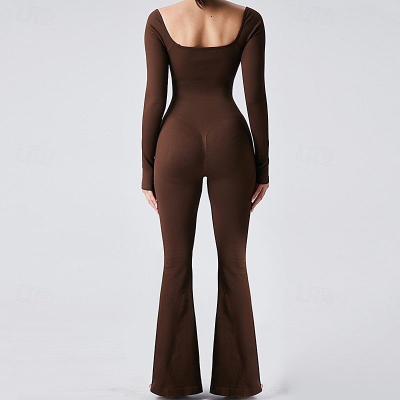 Dam Jumpsuit Träningsdräkt Onesie Utsvängda byxben Ensfärgat Kroppsdräkt Byxdress Svart Kaffe Yoga Kondition Gymträning Andningsfunktion Mjuk Långärmad Sport Sportkläder Elastisk Smal 2025 - $33.59 –P5
