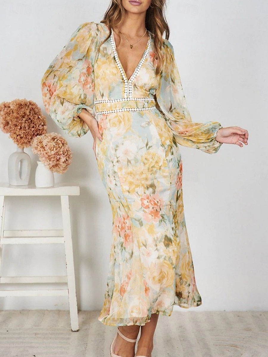 Damen Maxidress Casual kleid Bodycon Brautkleider schlicht Täglich Regular Fit Blumen Langarm V Ausschnitt Gelb Sommer Frühling Herbst 2025 - $44.99 –P1