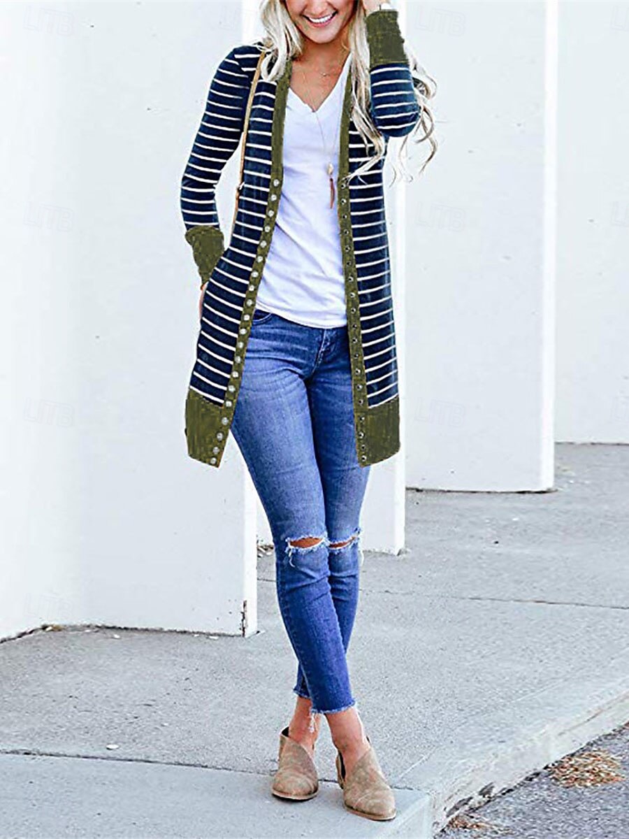 Women's Casual Jacket Outdoor Street Daily Wear Fall Winter Long Coat Regular Fit Thermal Warm Breathable Stylish Casual Jacket Long Sleeve Striped Print Dark Grey Army Green Blue 2025 - $39.99 –P3