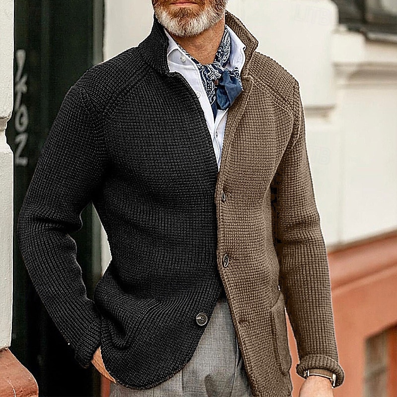 Herren Jacquard-Pullover Strickjacke Kurzer Pullover Gerippt Stricken Standard Strick Button-Down Farbblock Schalrevers Modisch Klassisch Freizeitskleidung Verabredung Bekleidung Herbst Winter 2025 - $39.99 –P2