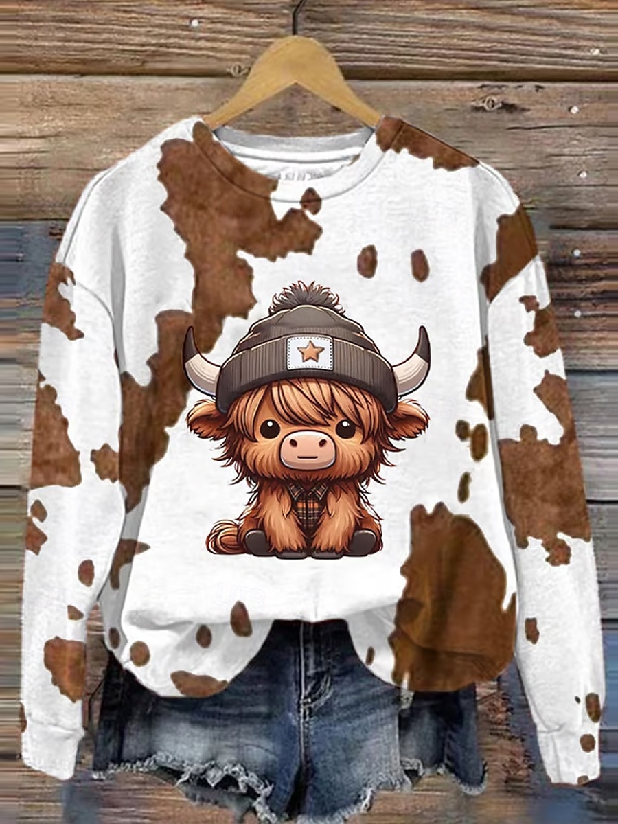 pullover da donna casual mucca strada abbigliamento quotidiano girocollo stampa manica lunga marrone autunno inverno del 2026 a $28.99 –P1