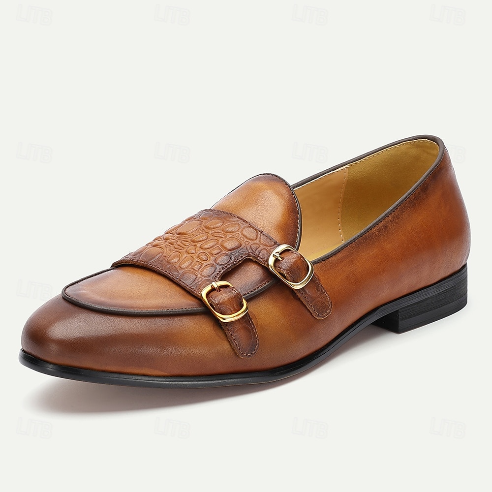 mocassini da uomo in pelle marrone con doppia fibbia e motivo coccodrillo – scarpe eleganti in pelle di vacchetta di alta qualità per abbigliamento formale e casual del 2025 a $94.99 –P2
