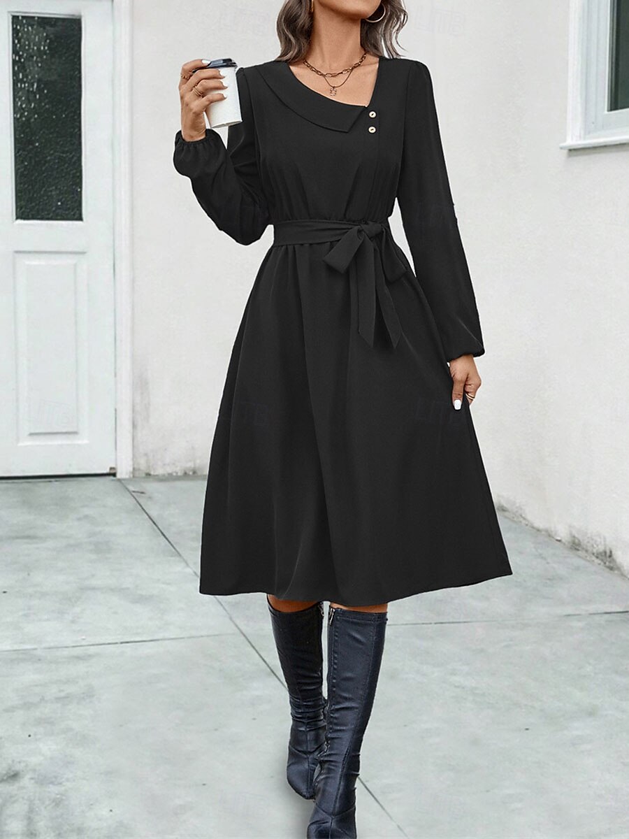 Women's Casual Dress Midi Dress Buttons Belted Casual V Neck Long Sleeve Black Color 2025 - $35.99 –P5