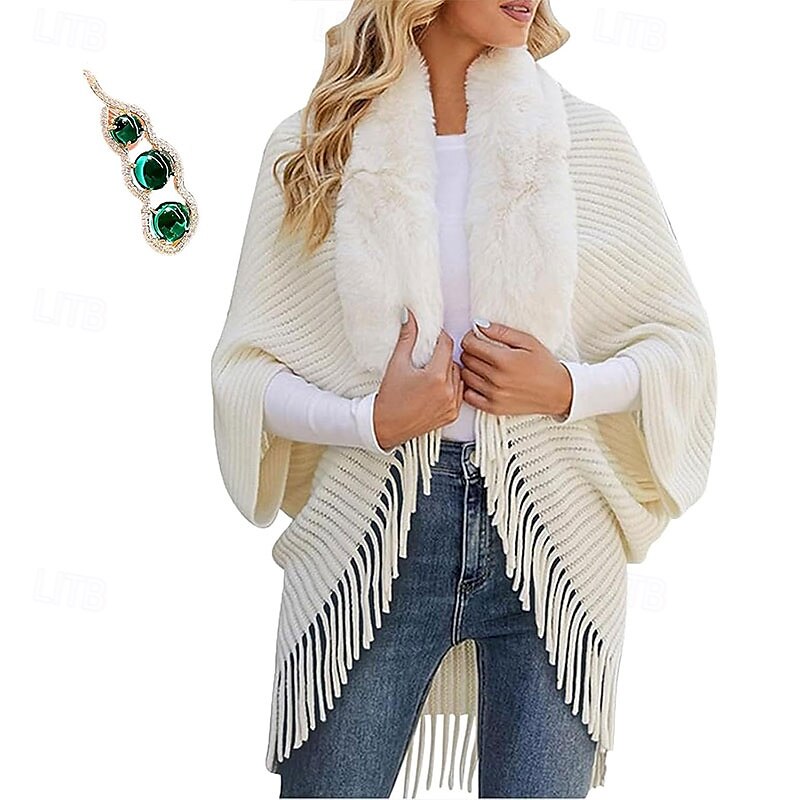 scialle largo, scialle largo spesso da donna lavorato a maglia, scialle invernale con collo in pelliccia e frange del 2025 a $37.99 –P1