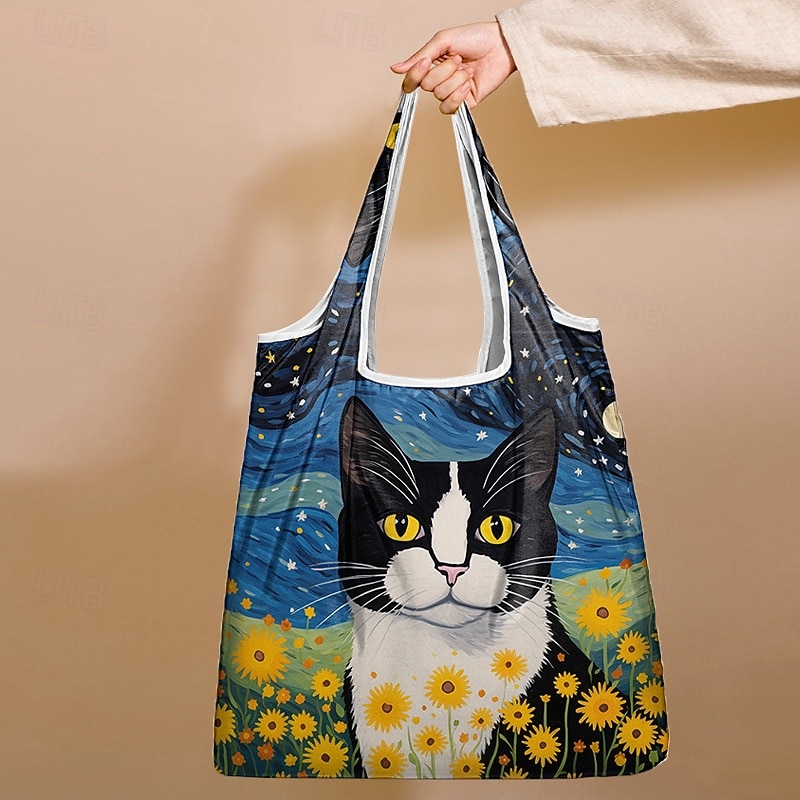 konstnärlig kattväska för kvinnor med blommig och stjärnklar nattdesign - miljövänlig återanvändbar shoppingväska för kattälskare 2025 - $14.99 –P10