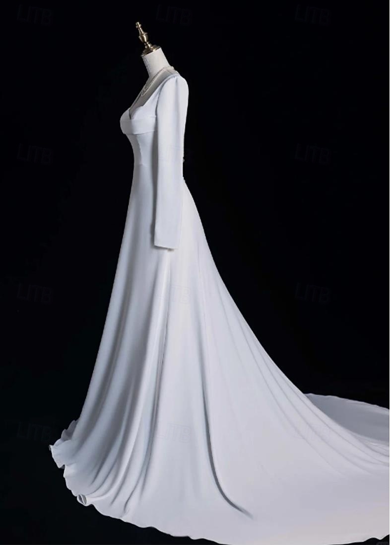 Wedding Dresses A-Line Notch lapel collar Long Sleeve Court Train Satin Bridal Gowns With Solid Color 2025 - $174.99 –P3