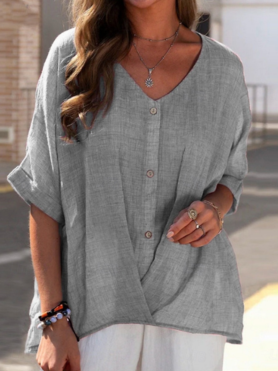 Dames Overhemd Knoop omhoog Blouse Imitatie katoenlinnen Knop Effen Kleur Basic Casual 3/4 mouw V-hals Normale tops Dagelijks Grijs Zomer Lente 2026 - $16.49 –P1