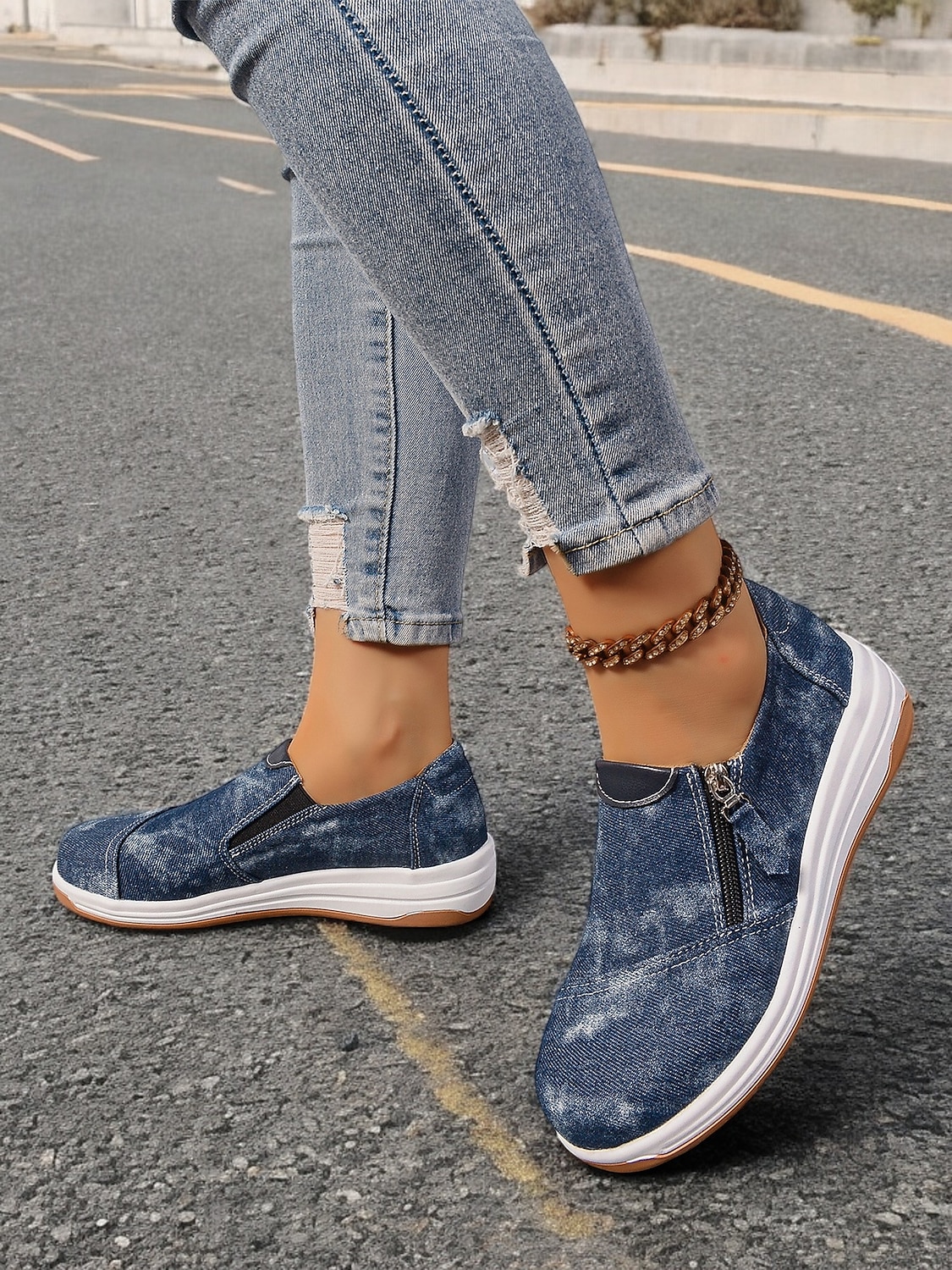 dámské neformální modré džínové slip-on tenisky – stylové vycházkové boty na zip s polstrovanou podrážkou pro každodenní pohodlí 2025 - $29.99 –P1