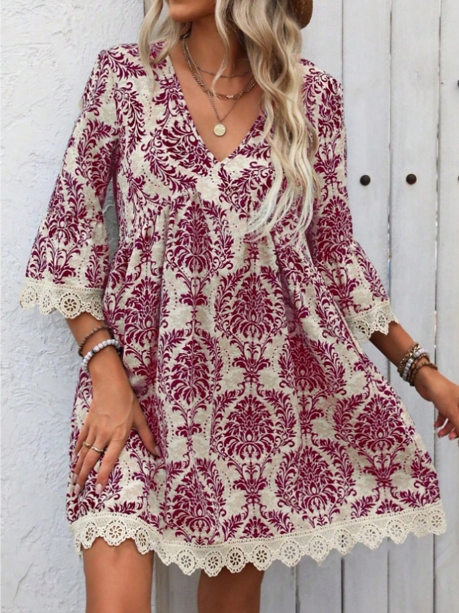 Damen Minikleid Casual kleid Boho-Kleid Brautkleider schlicht Täglich Regular Fit Blumen 3/4 Ärmel V Ausschnitt Wein Blau Grün Sommer Frühling Herbst 2025 - $35.99 –P8