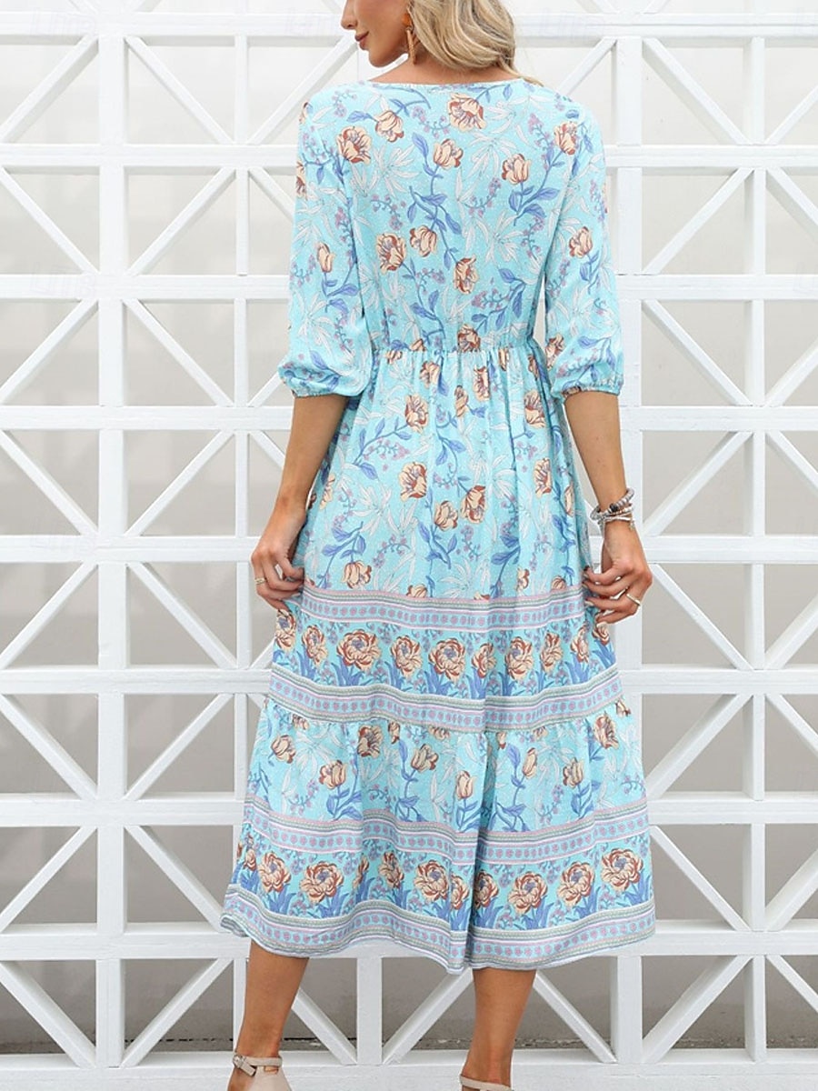 Damen Midikleid Casual kleid Schaukelkleid A Linie Kleid Boho-Kleid Brautkleider schlicht Täglich Regular Fit Blumen 3/4 Ärmel V Ausschnitt Rosa Blau Aprikose Sommer Frühling Herbst 2025 - $41.99 –P2
