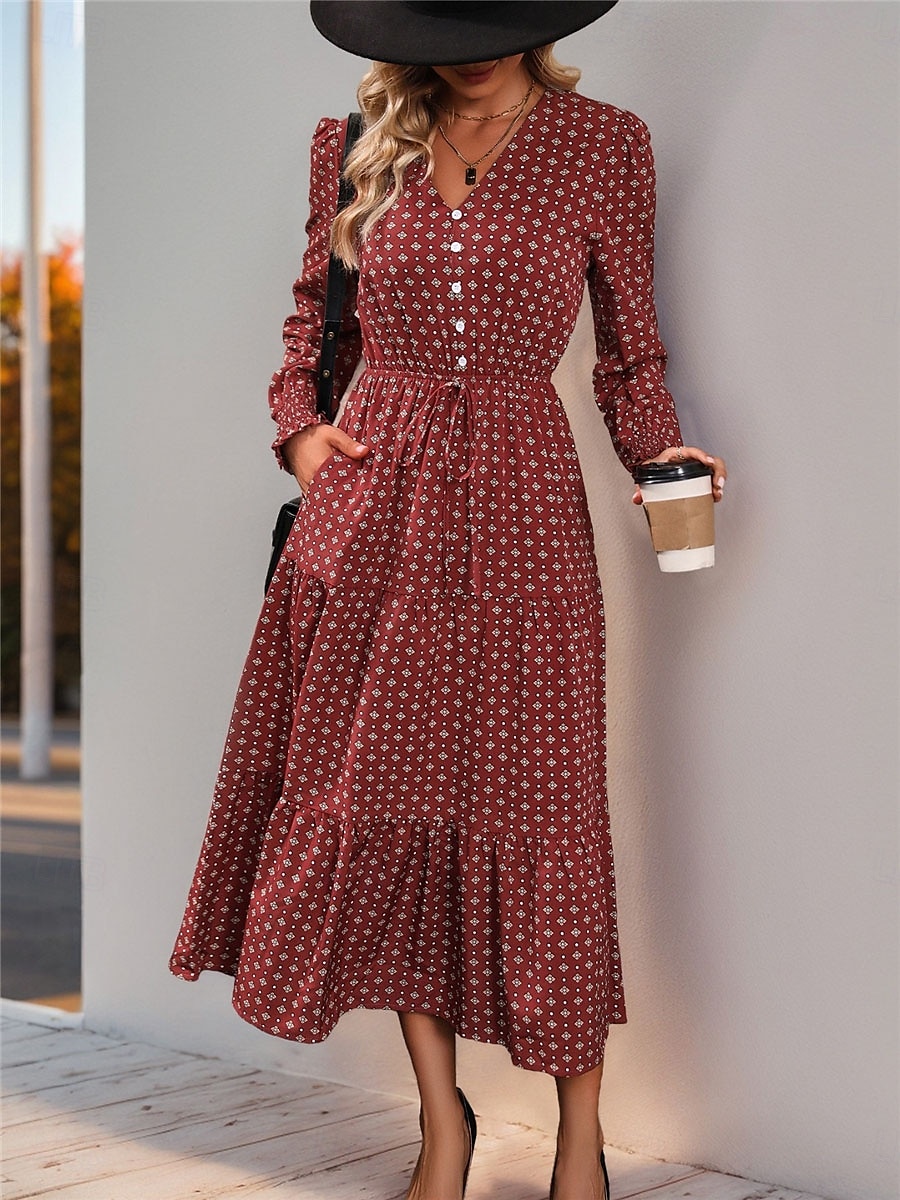 Femme Robe mi-longue Robe casual Robe Évasée Robe Trapèze Décontractées du quotidien Standard Floral manche longue Col V Vin Printemps Automne de 2025 ? $50.99 –P4