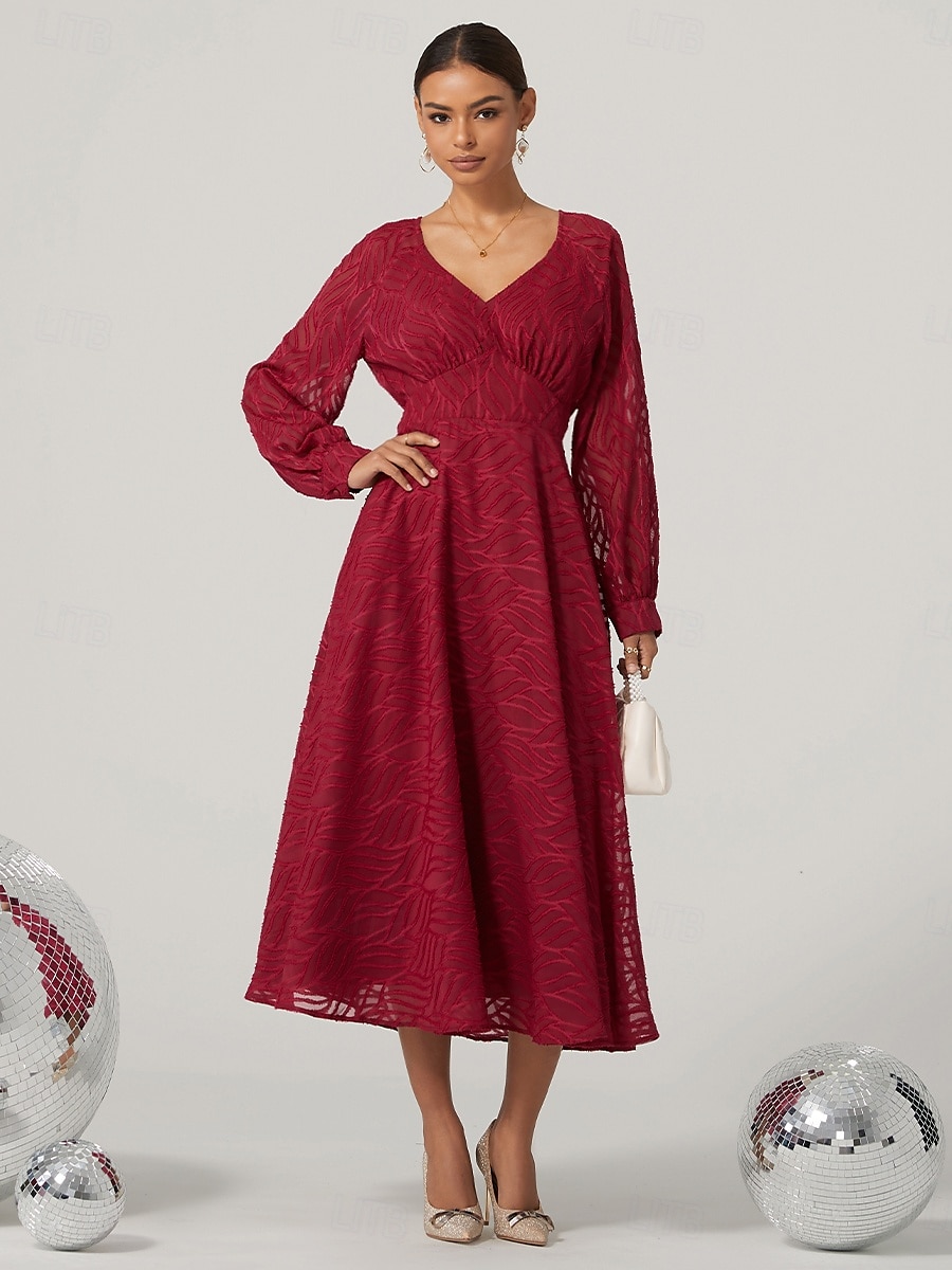 Damen Spitzenkleid Midikleid Hohe Taillenlinie Elegant Vintage V Ausschnitt Langarm Wein Farbe 2025 - GBP £46.33 –P3
