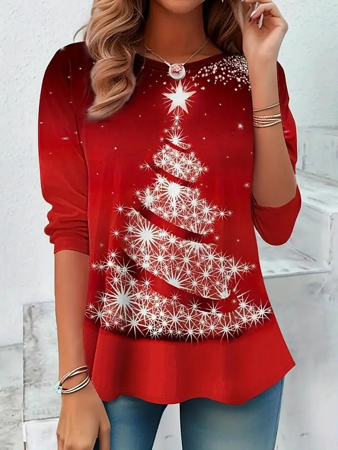 Frauen T-Shirt Urlaub Sweatshirt Langarm Schneemann Druck Farbe Block Rot Weiß Winter Party Lässiger Pullover Festliche Kleidung Apparel 2025 - $22.99 –P4